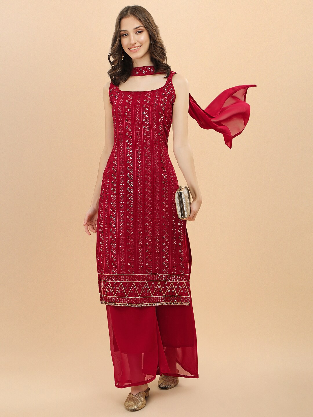 

Trendz Style Embroidered Layered Thread Work Kurta with Sharara & Dupatta, Red