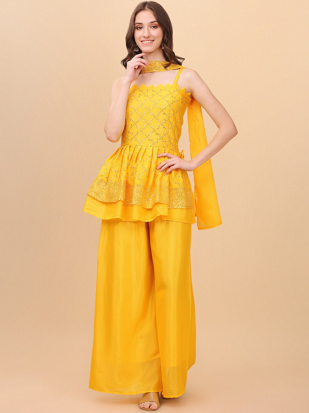 

Trendz Style Embroidered Layered Silk Chiffon Kurta with Palazzos & Dupatta, Yellow