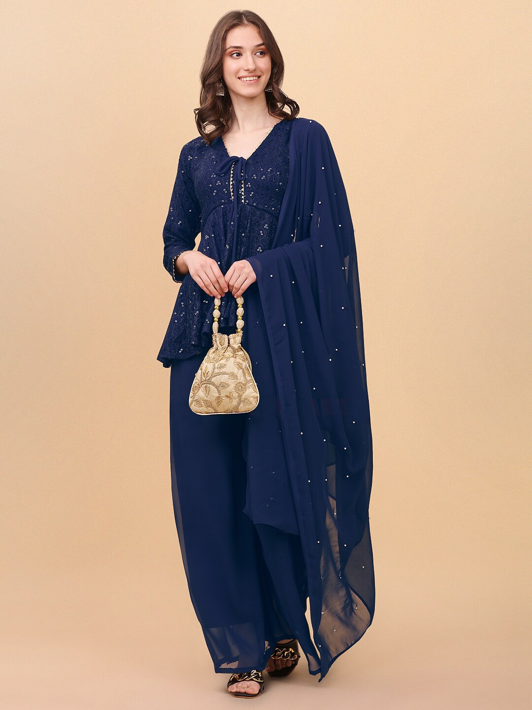 

Trendz Style Embroidered Sequinned Kurti with Palazzos & Dupatta, Navy blue