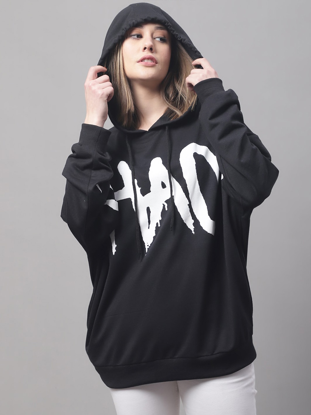 

DOOR74 Women Typography Printed Hooded Pullover Sweatshirt, Black