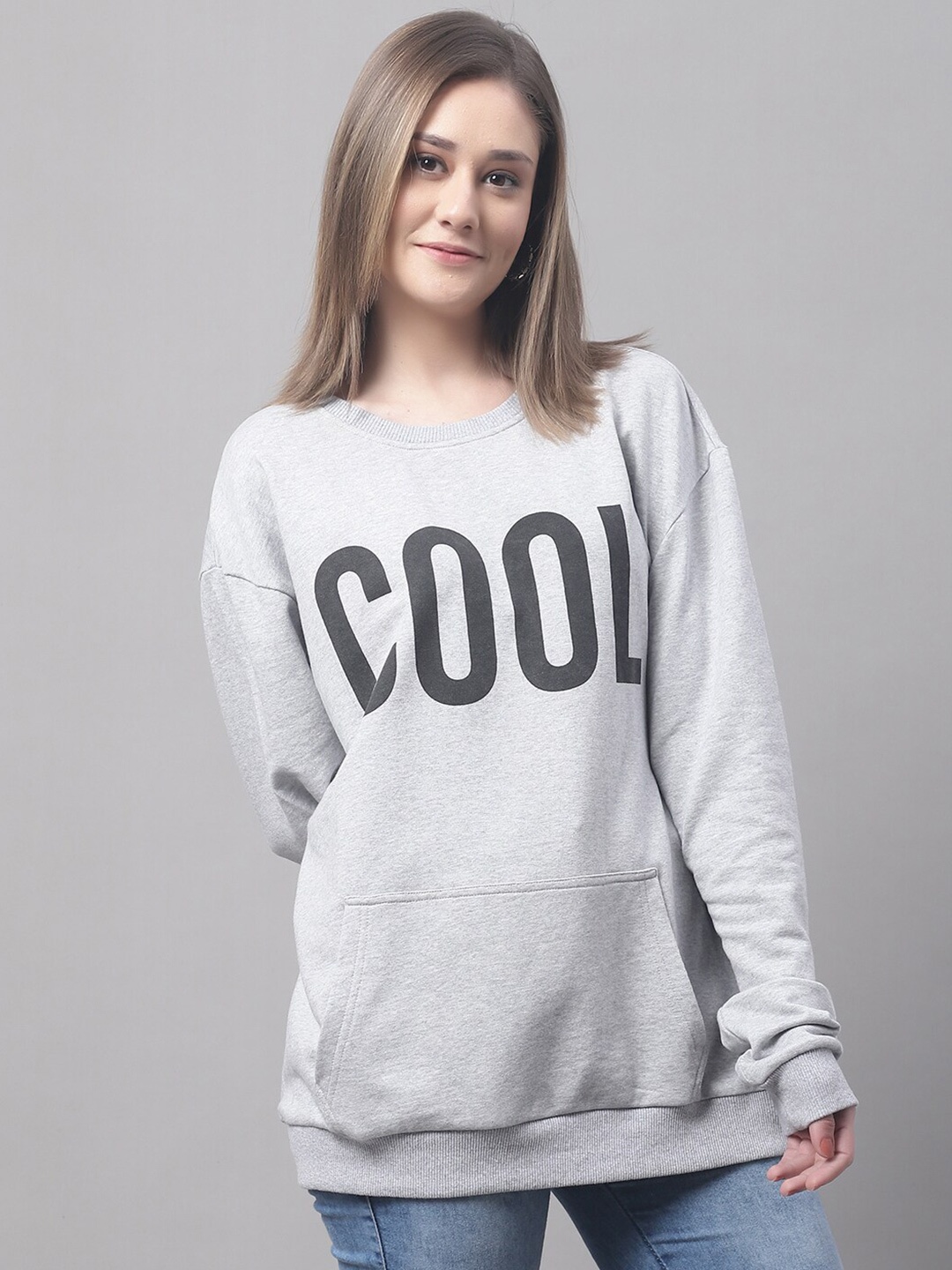 

DOOR74 Women Typography Printed Cotton Pullover Sweatshirt, Grey melange
