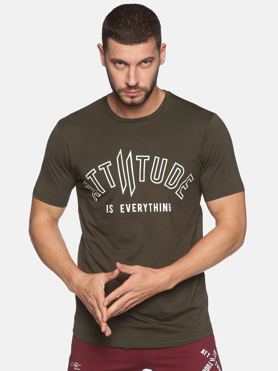 

ATTIITUDE Men Typography Printed Round Neck Dry Fit Cotton T-shirt, Olive