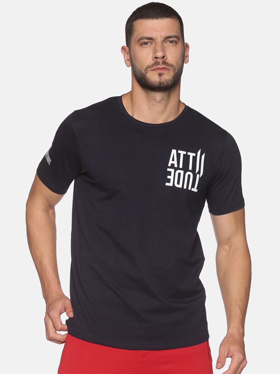 

ATTIITUDE Men Typography Printed Round Neck Dry Fit Cotton T-shirt, Navy blue