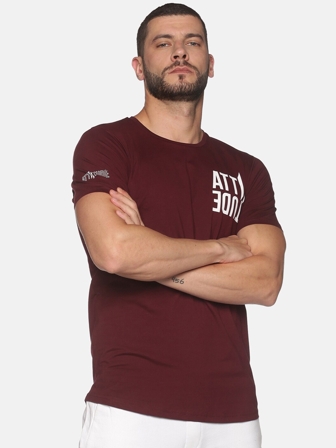 

ATTIITUDE Men Typography Printed Pure Cotton Dry Fit T-shirt, Maroon
