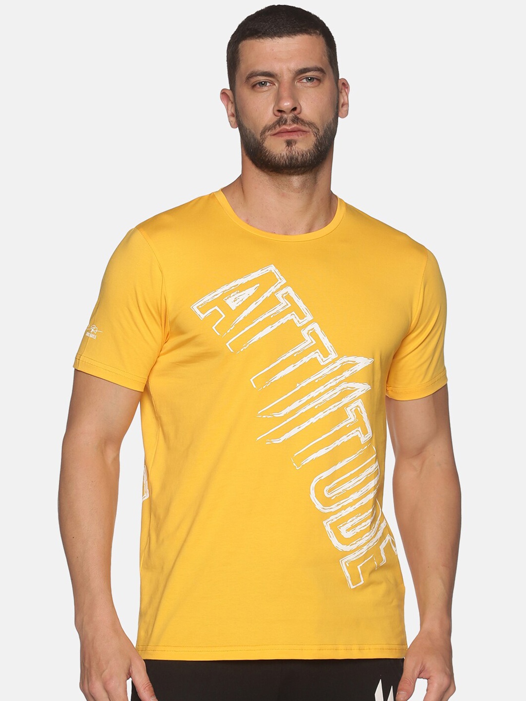 

ATTIITUDE Men Typography Printed Pure Cotton T-shirt, Yellow