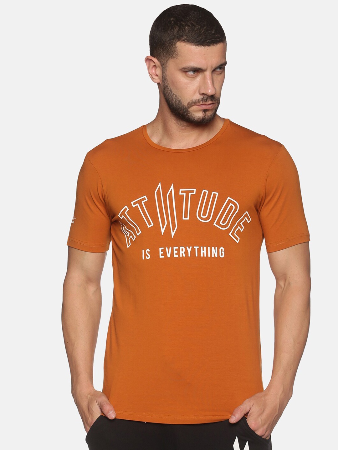 

ATTIITUDE Men Typography Printed Pure Cotton T-shirt, Tan
