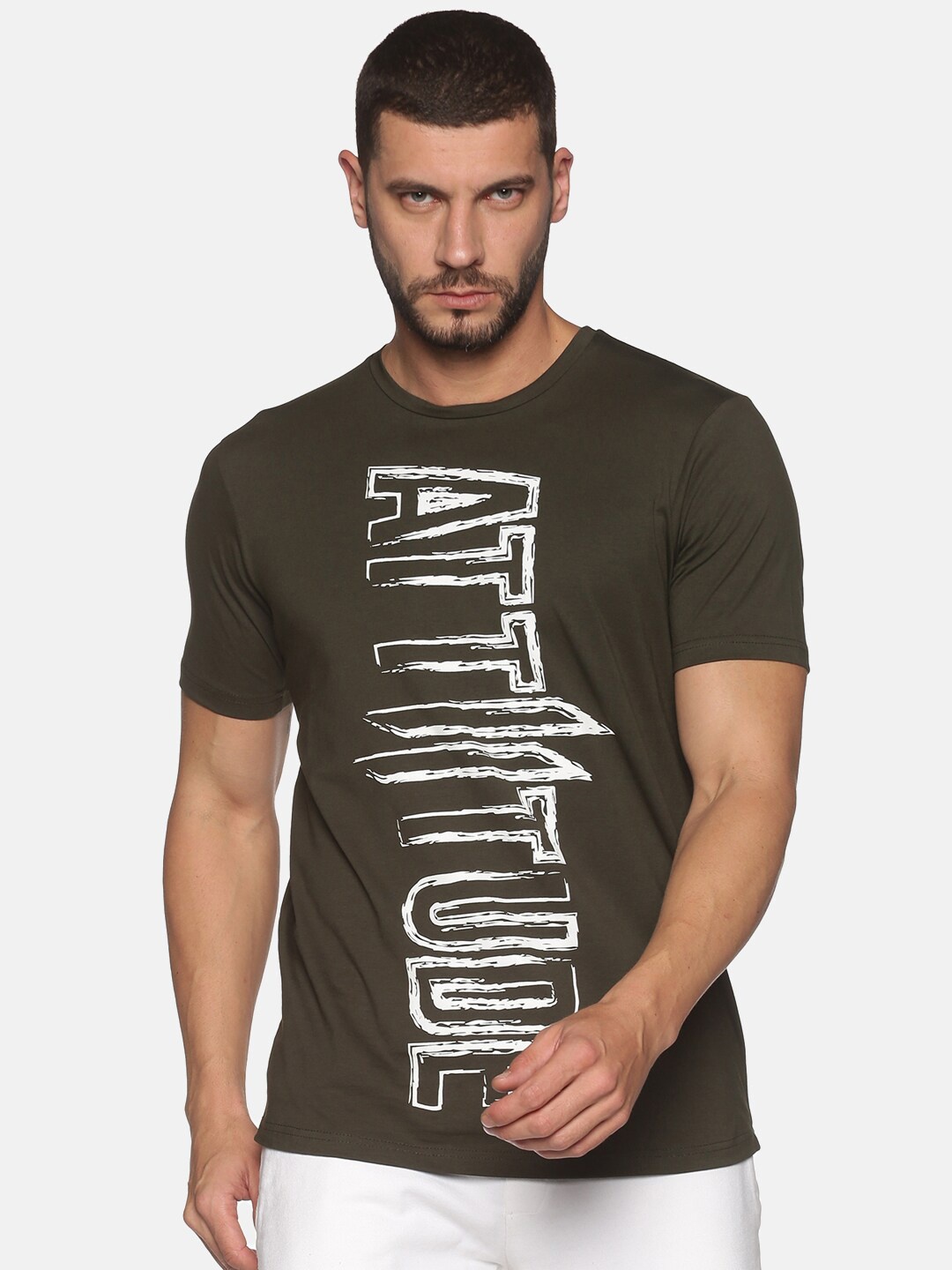 

ATTIITUDE Men Typography Printed Pure Cotton T-shirt, Olive