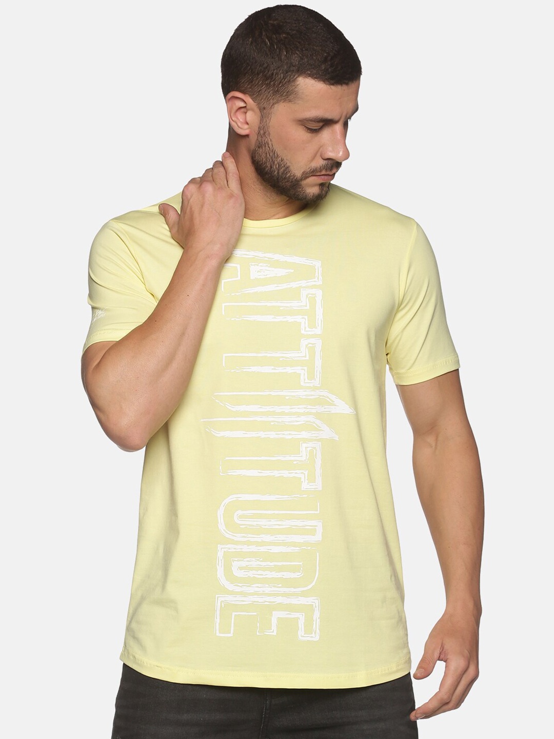 

ATTIITUDE Men Typography Printed Dry Fit Pure Cotton T-shirt, Yellow