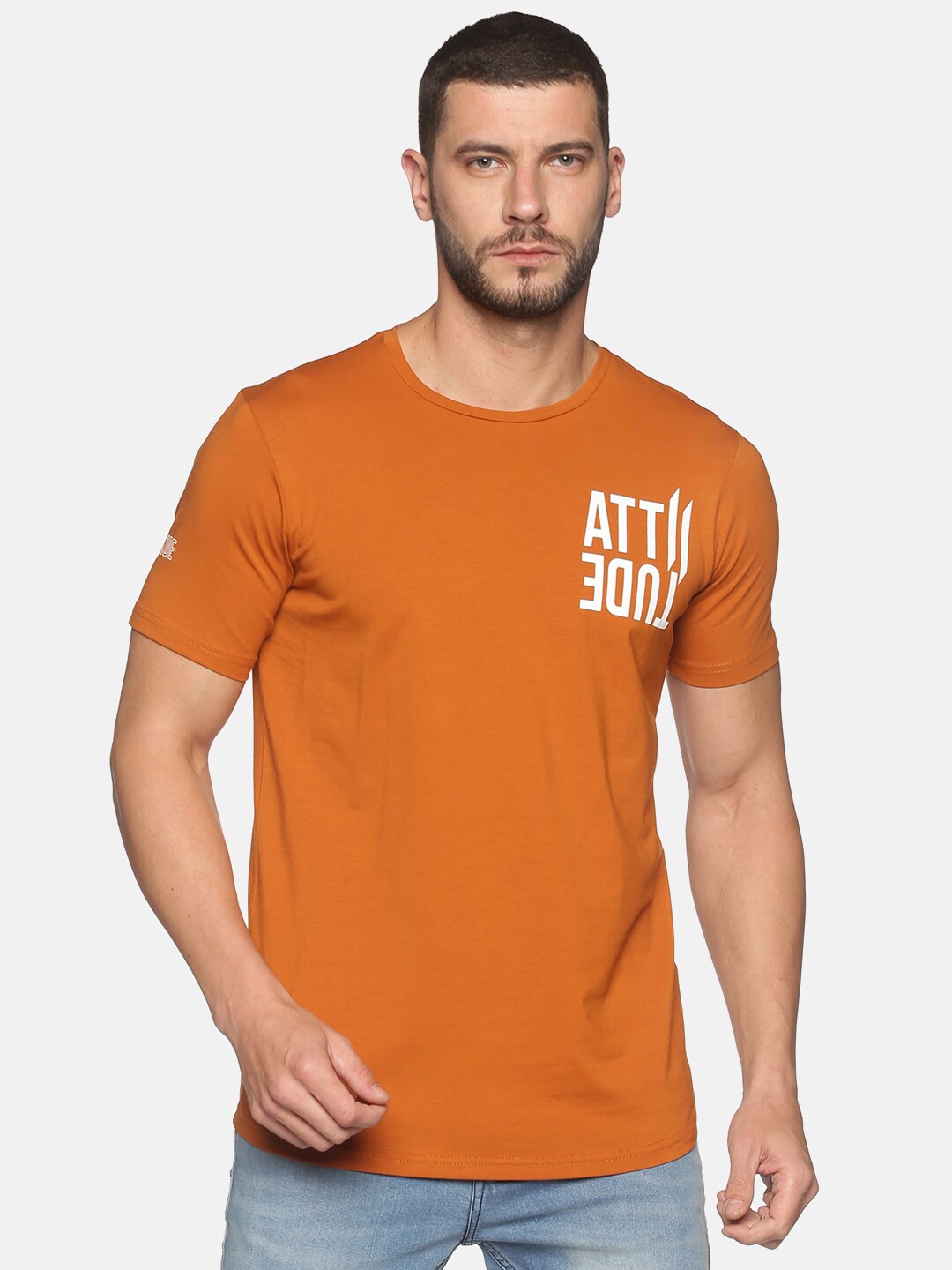 

ATTIITUDE Men Typography Printed Pure Cotton T-shirt, Orange