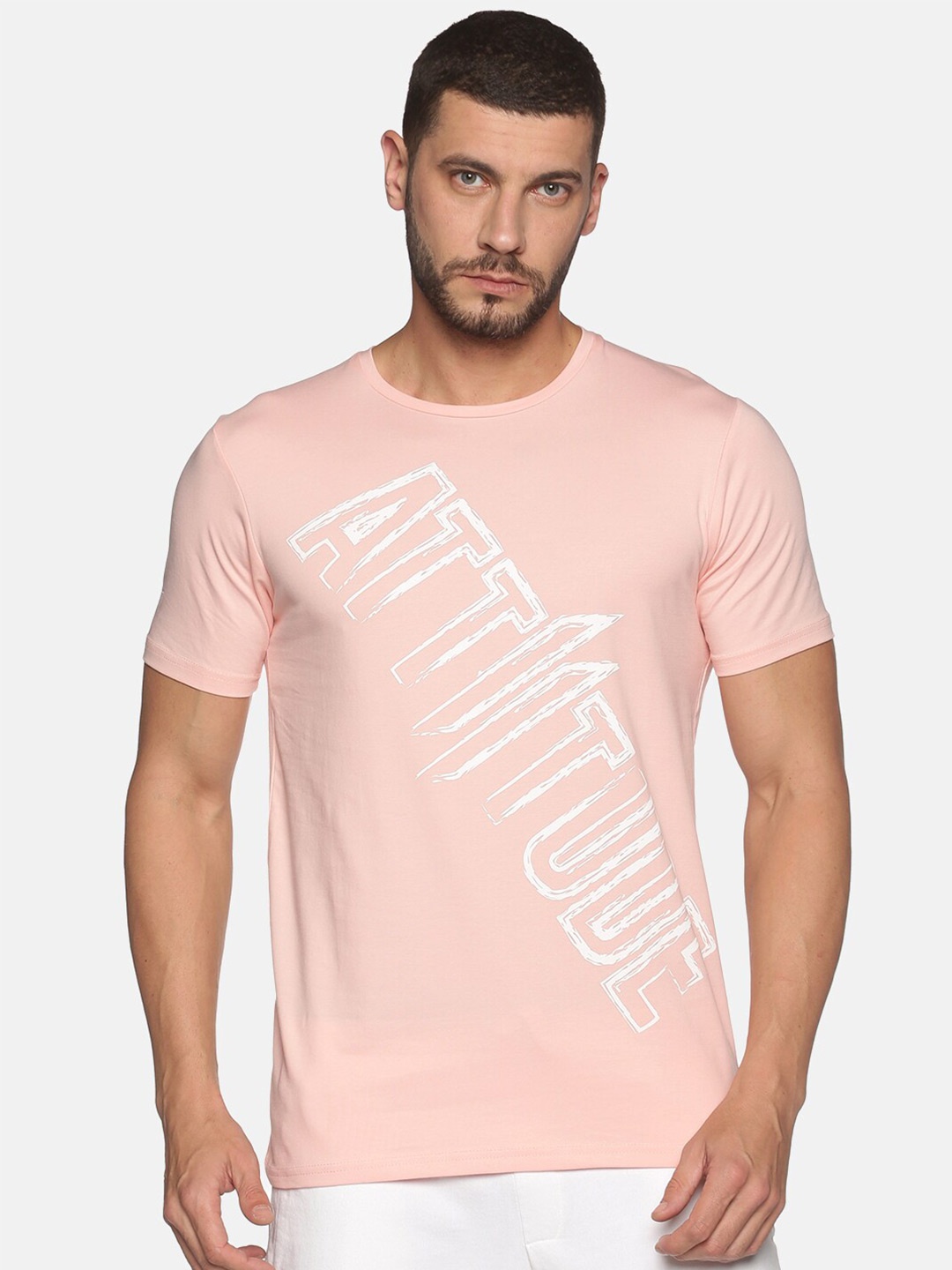 

ATTIITUDE Men Typography Printed Pure Cotton T-shirt, Peach