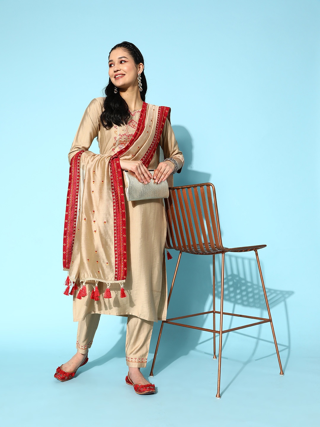 

Sangria Embroidered Thread Work Kurta with Trousers & With Dupatta, Beige