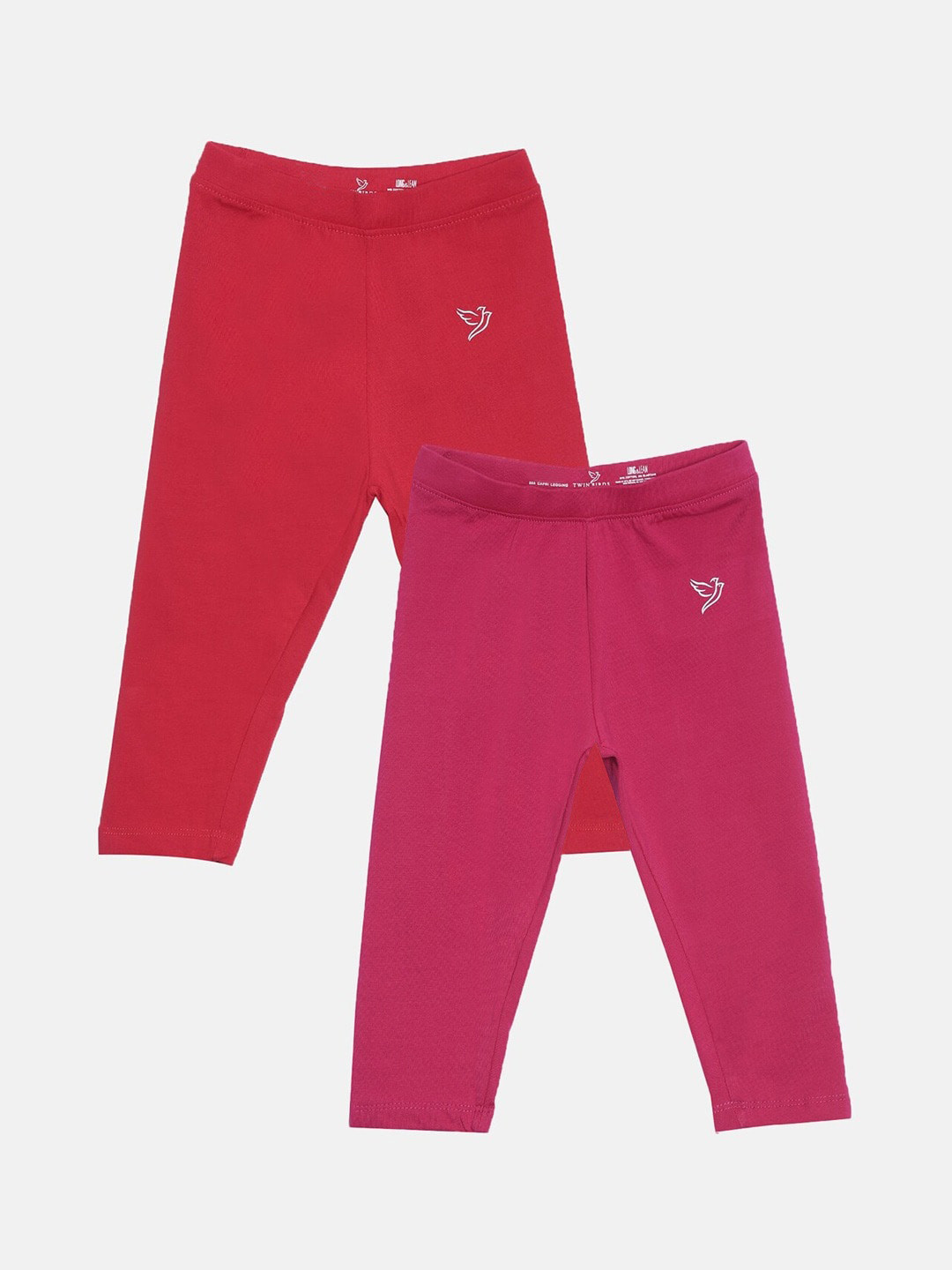 

TWIN BIRDS Girls Pack Of 2 Pure Cotton Three Fourth-Length Leggings, Red