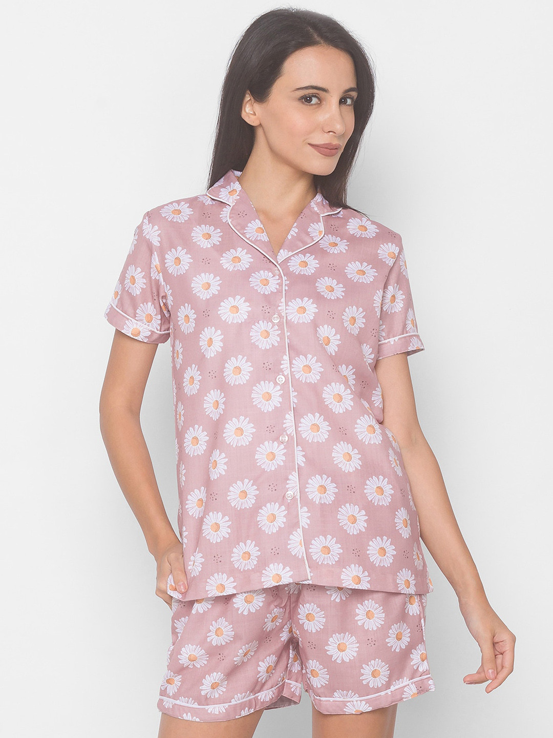 

FashionRack Women 2 Pieces Floral Printed Pure Cotton Night Suit, Pink