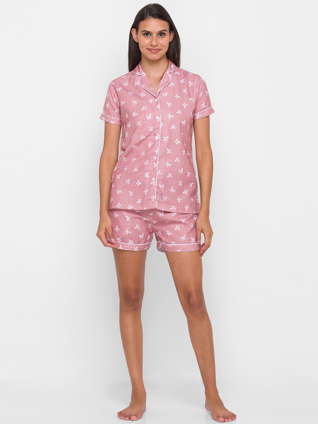 

FashionRack Women 2 Pieces Graphic Printed Pure Cotton Night Suit, Pink