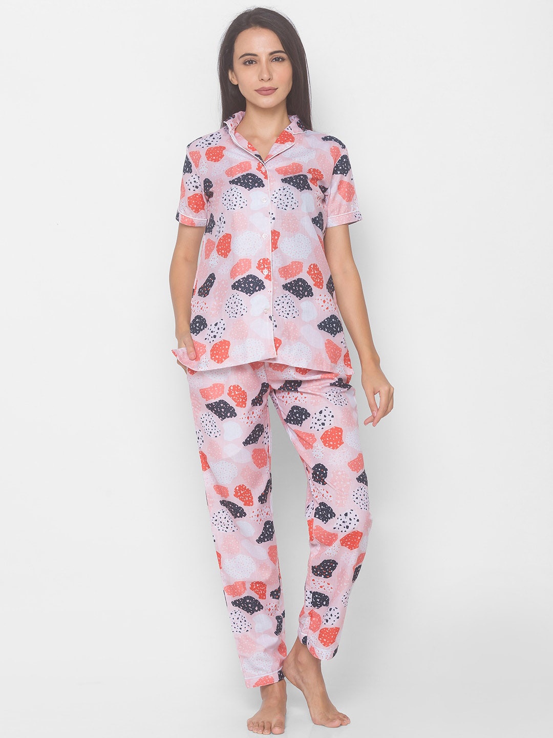 

FashionRack Women 2 Pieces Abstract Printed Pure Cotton Night Suit, White