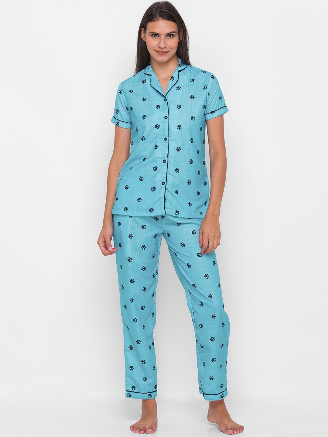 

FashionRack Women 2 Pieces Animal Printed Pure Cotton Night Suit, Blue