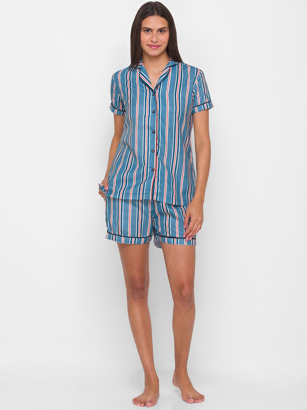 

FashionRack Women 2 Pieces Striped Pure Cotton Night Suit, Navy blue