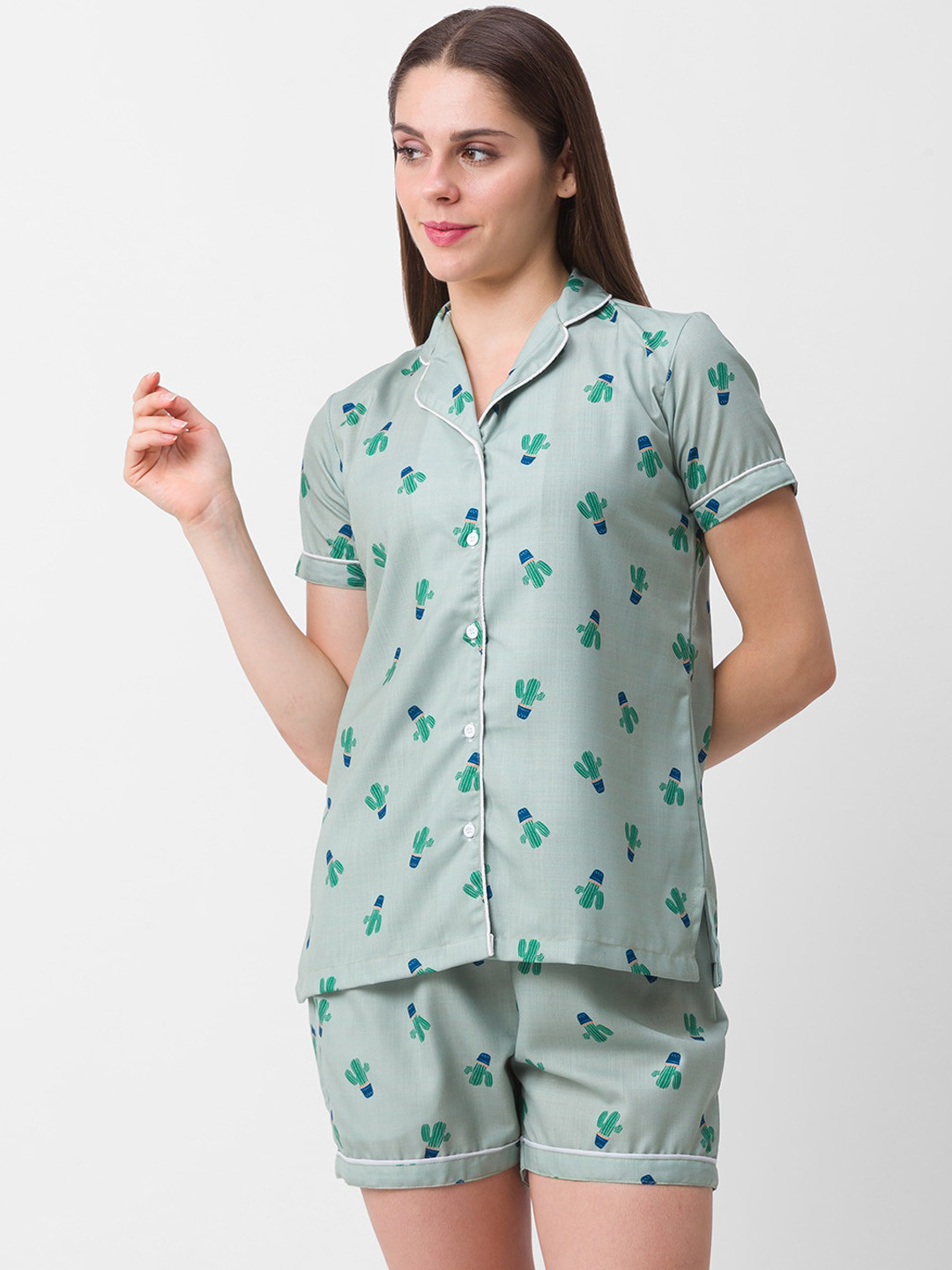 

FashionRack Women 2 Pieces Conversational Printed Pure Cotton Night Suit, Green