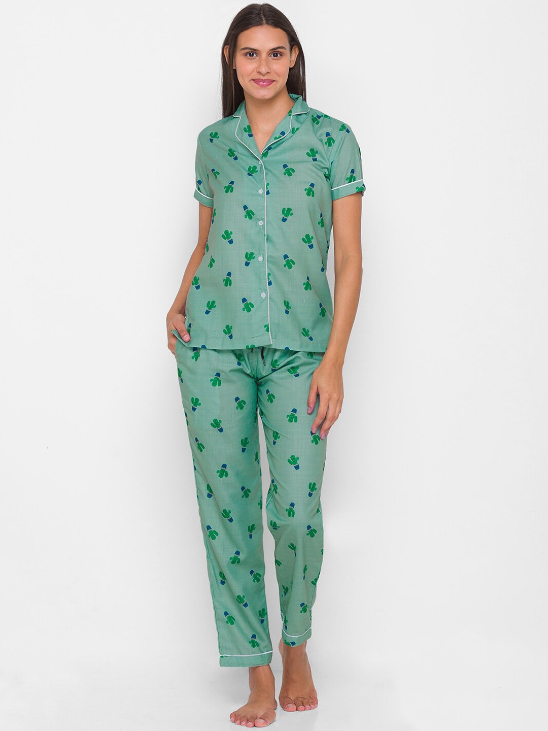 

FashionRack Women 2 Pieces Conversational Printed Pure Cotton Night Suit, Green