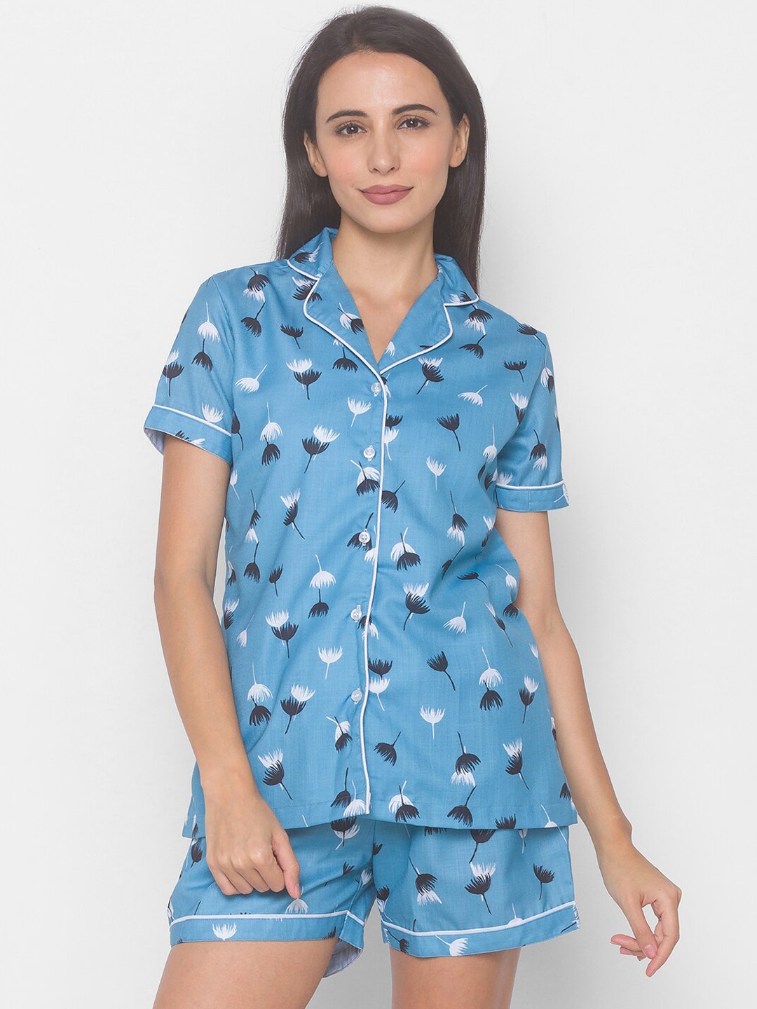 

FashionRack Women 2 Pieces Floral Printed Night Suit, Blue