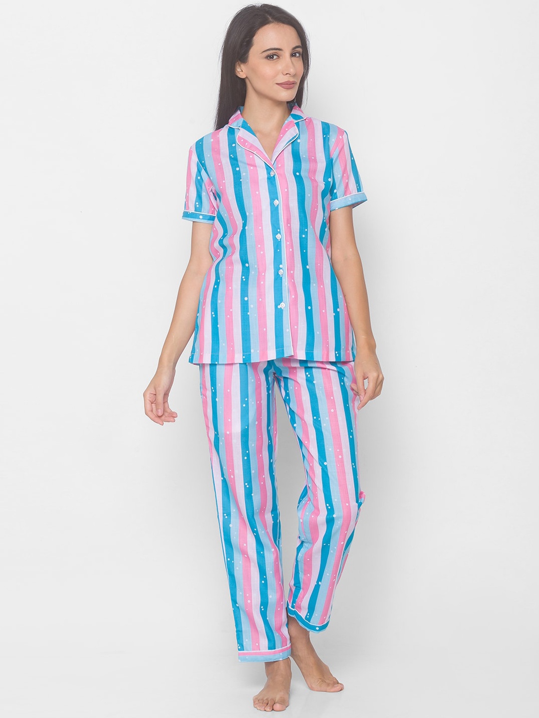 

FashionRack Women 2 Pieces Striped Pure Cotton Night Suit, Blue