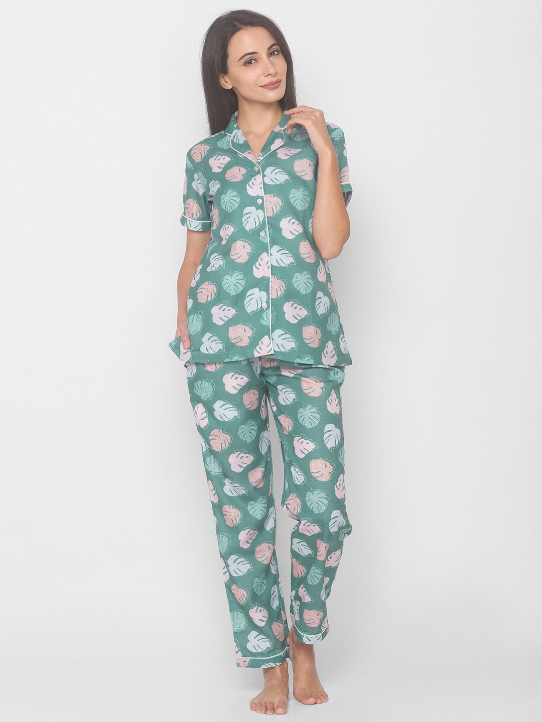 

FashionRack Women 2 Pieces Floral Printed Pure Cotton Night Suit, Green