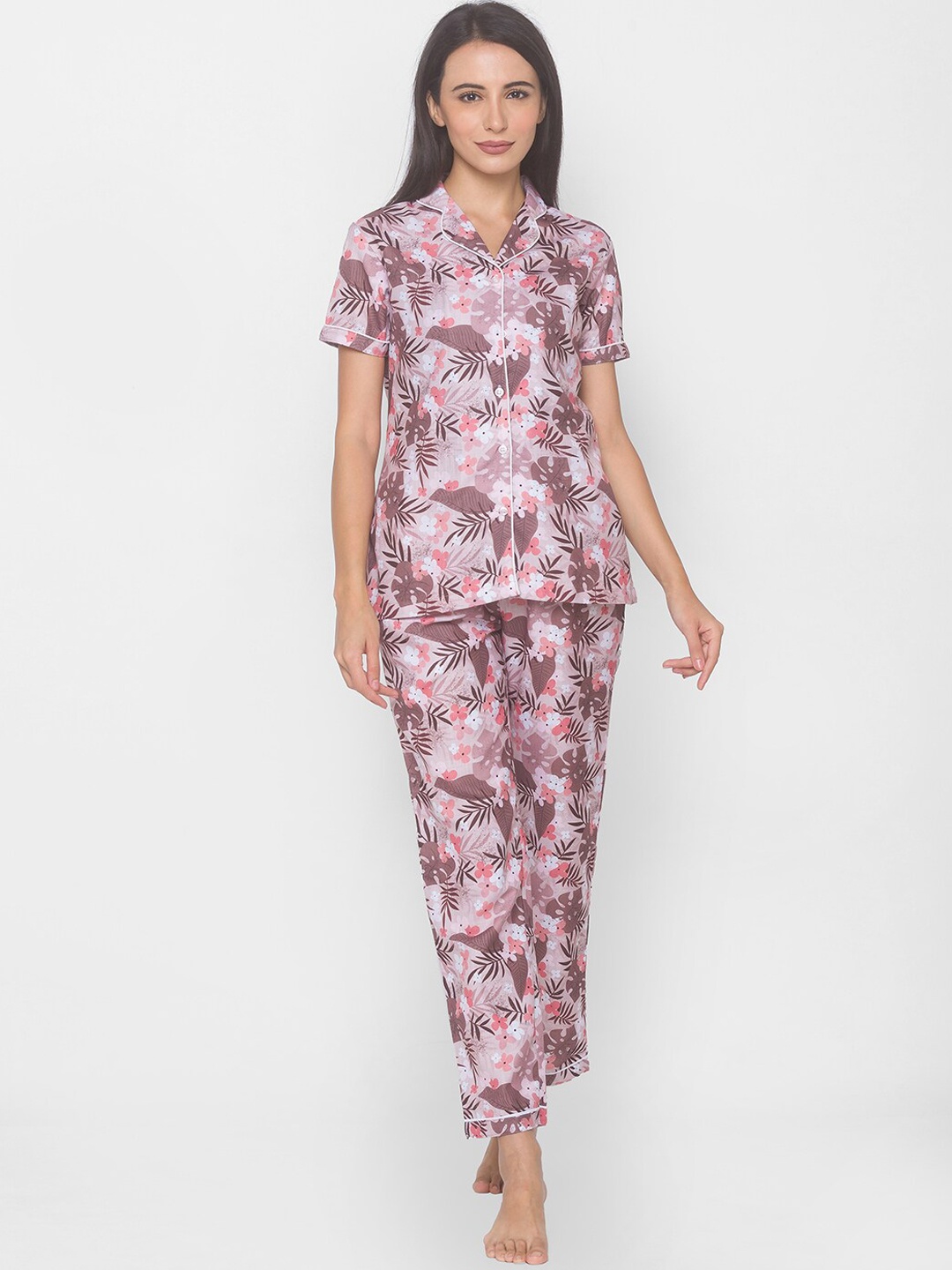 

FashionRack Women Floral Printed Pure Cotton Night Suit, Beige