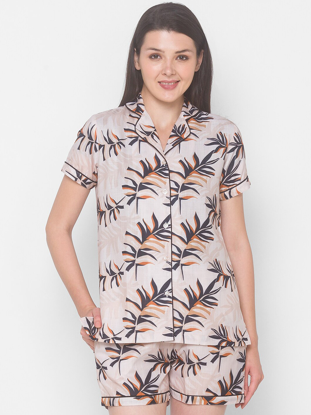 

FashionRack Women 2 Pieces Floral Printed Pure Cotton Night Suit, Beige