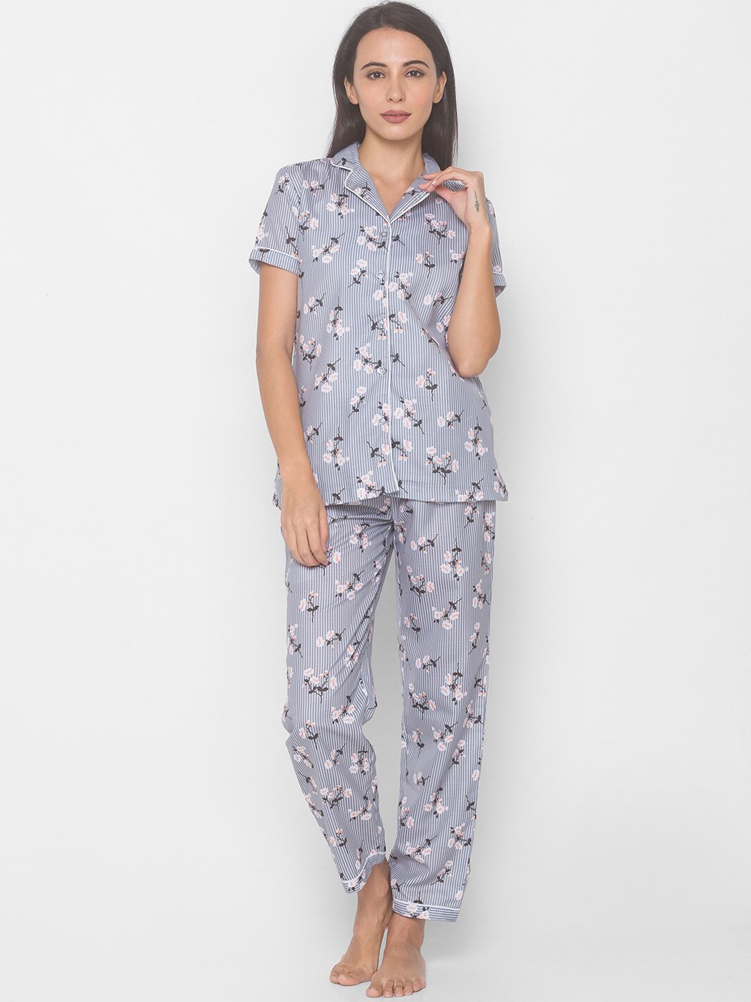 

FashionRack Women 2 Pieces Floral Printed Pure Cotton Night Suit, Grey