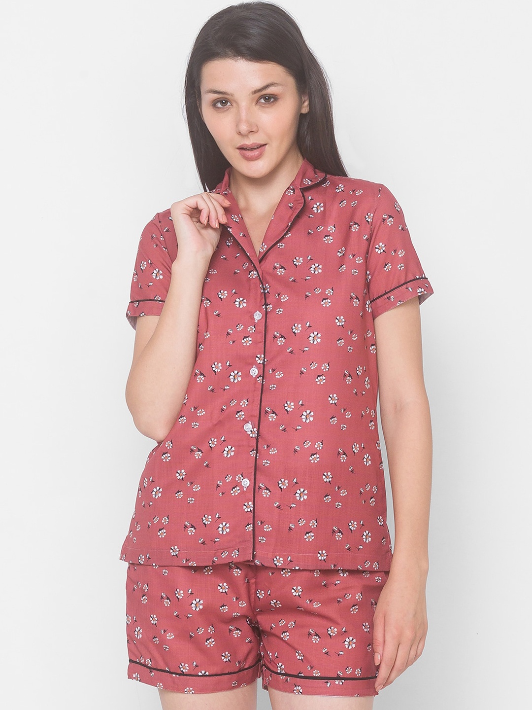 

FashionRack Women 2 Pieces Floral Printed Pure Cotton Night Suit, Brown