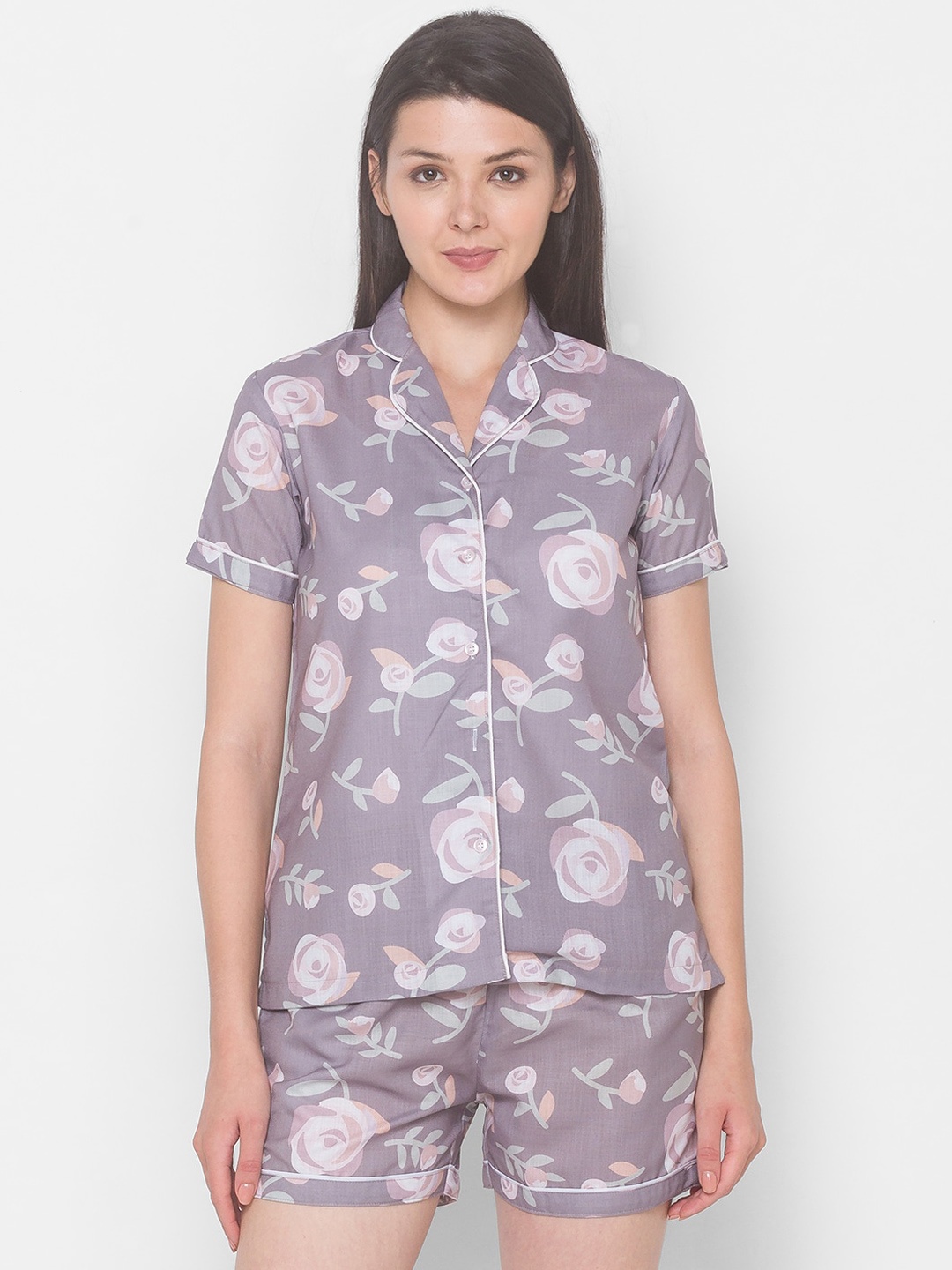 

FashionRack Women 2 Pieces Floral Printed Pure Cotton Night Suit, Lavender