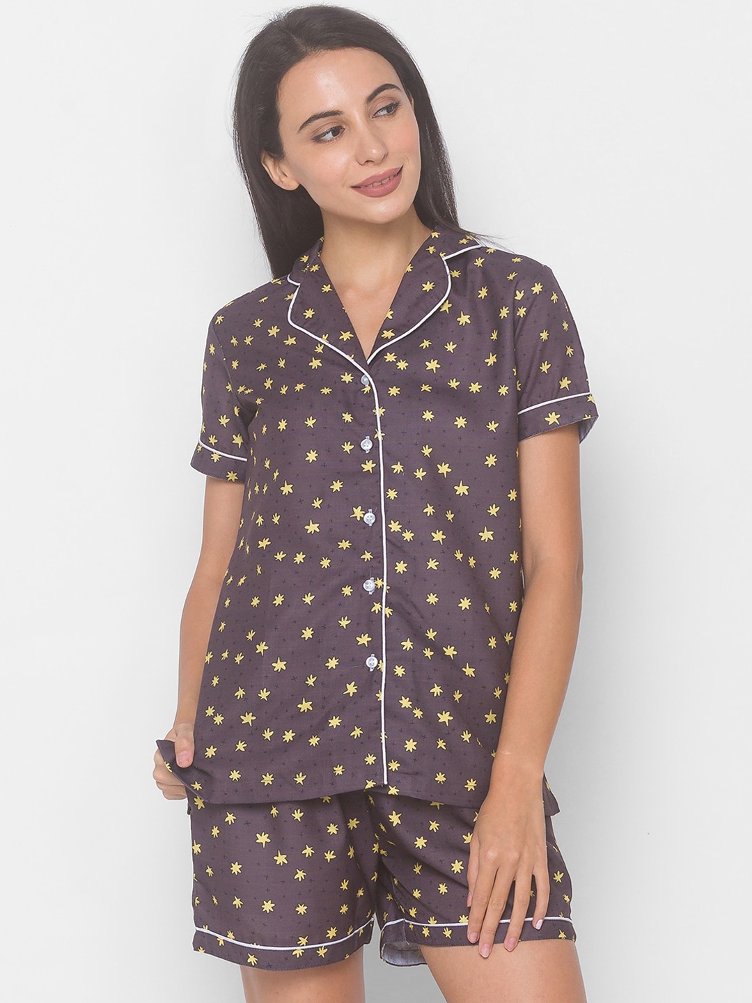 

FashionRack Women 2 Pieces Conversational Printed Pure Cotton Night Suit, Brown
