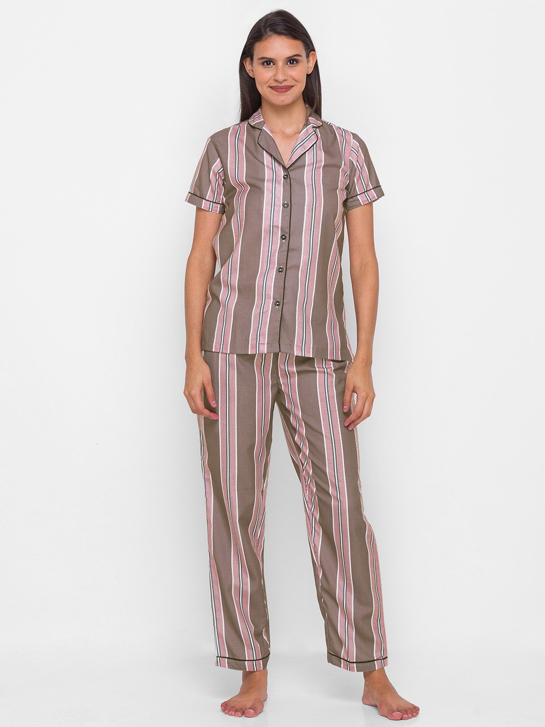 

FashionRack Women 2 Pieces Striped Pure Cotton Night Suit, Brown