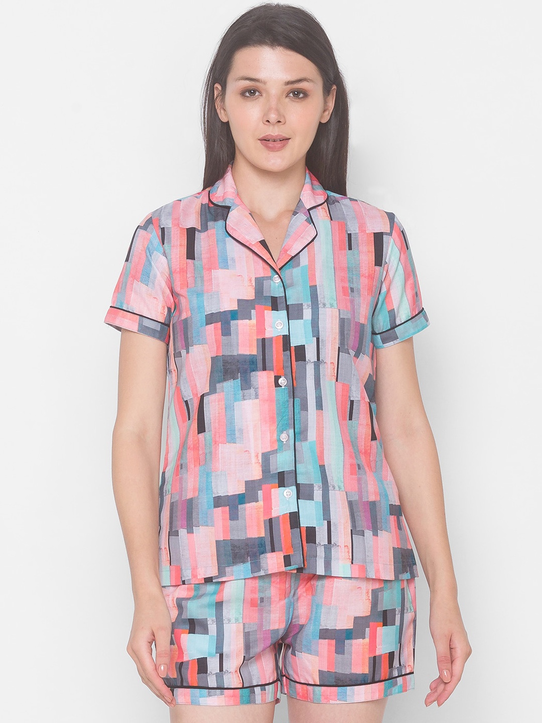 

FashionRack Women 2 Pieces Abstract Printed Pure Cotton Night Suit, Pink