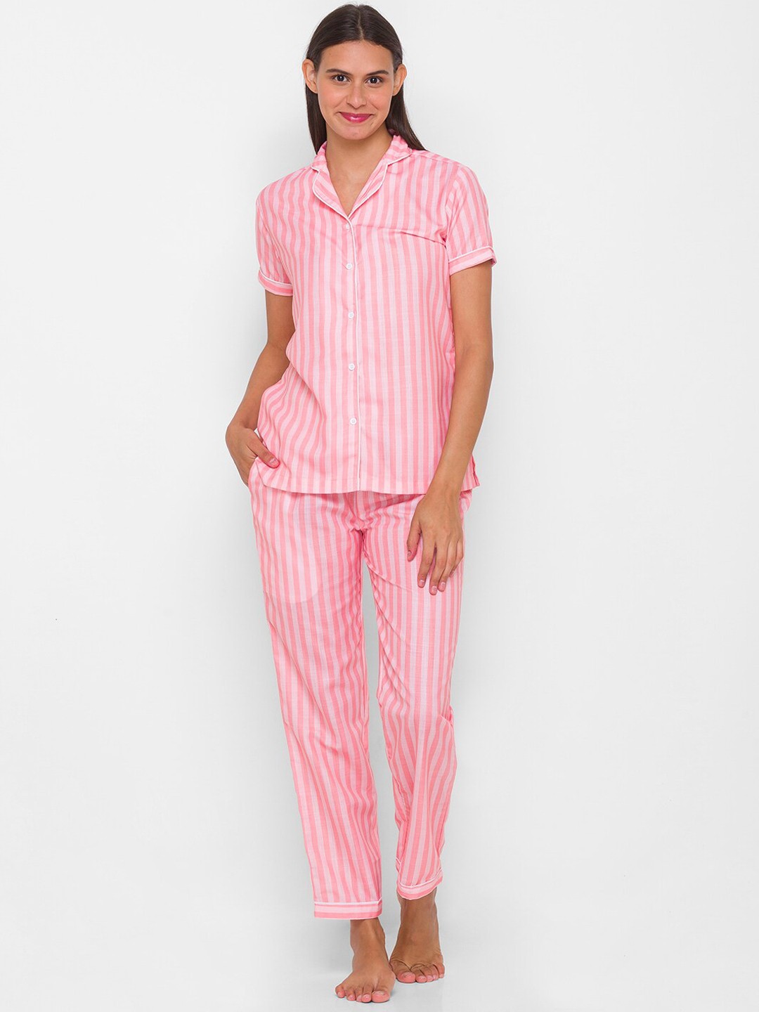 

FashionRack Women 2 Pieces Striped Pure Cotton Night Suit, Pink