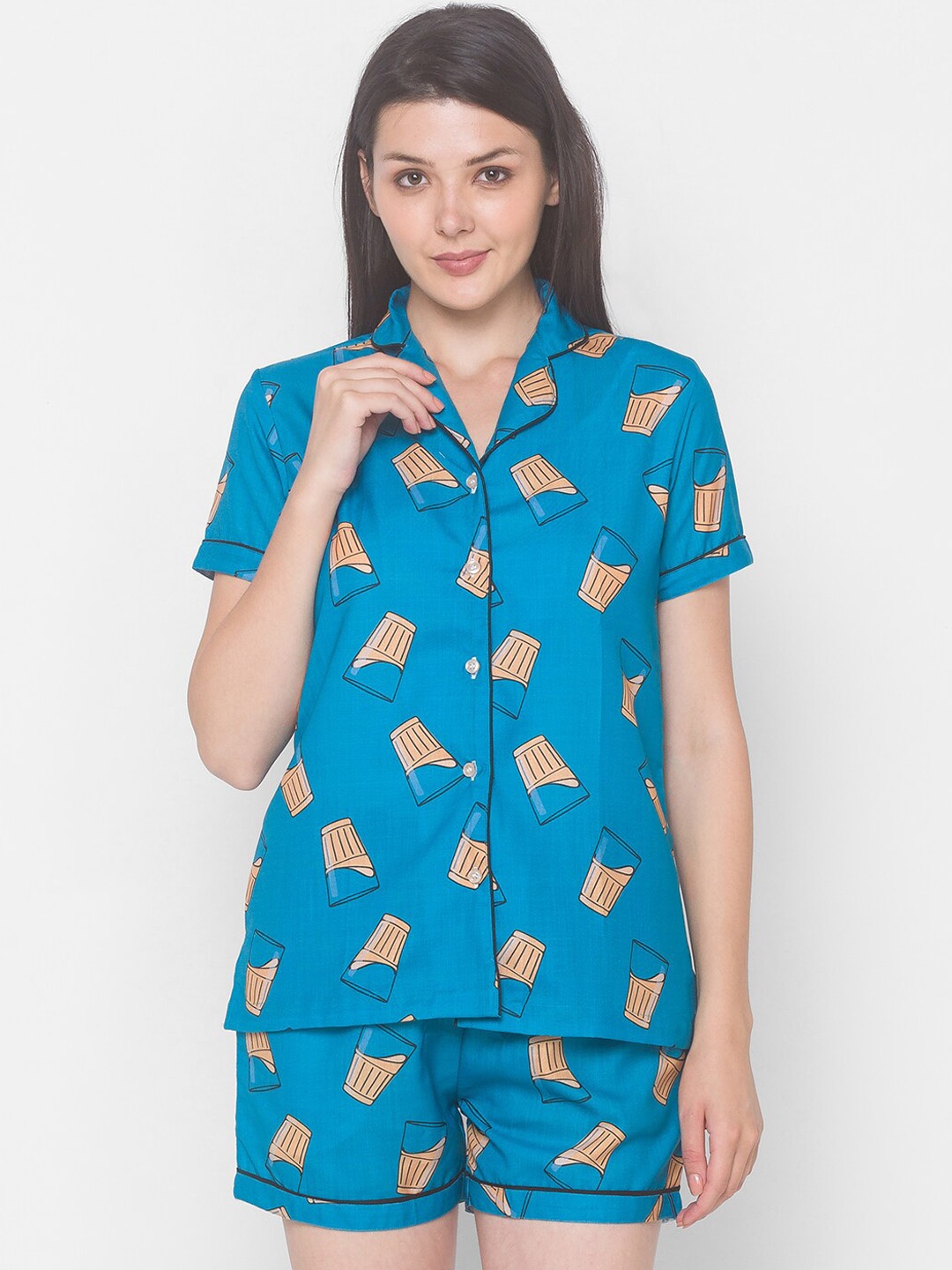 

FashionRack Women 2 Pieces Conversational Printed Pure Cotton Night Suit, Blue