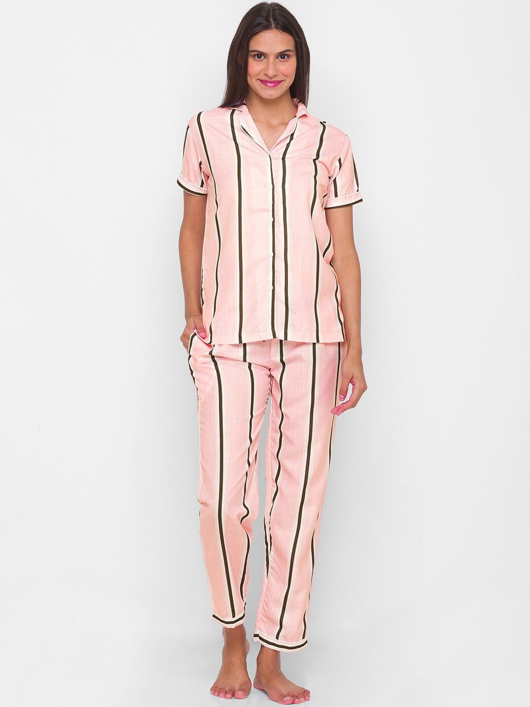 

FashionRack Women Striped Pure Cotton Night Suit, Pink