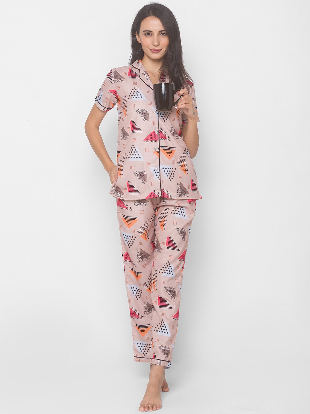 

FashionRack Women Geometric Printed Pure Cotton Night Suit, Beige