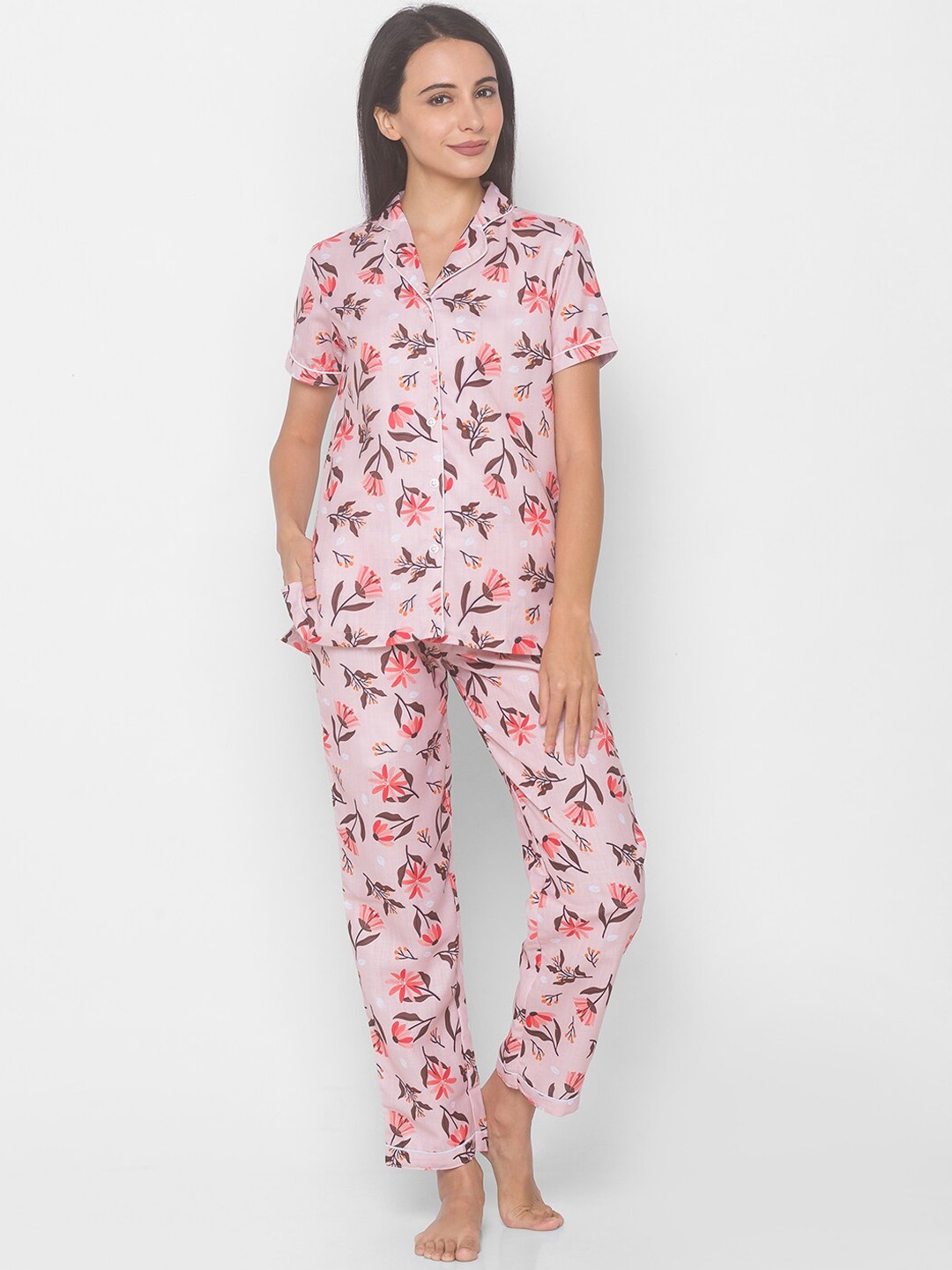 

FashionRack Women Floral Printed Pure Cotton Night Suit, Pink