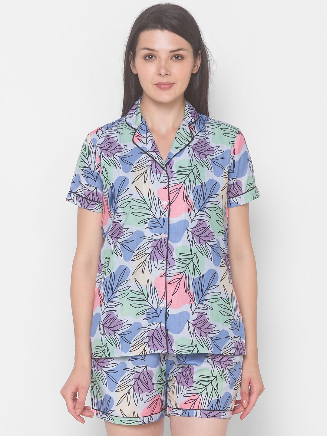 

FashionRack Women Floral Printed Pure Cotton Night Suit, Blue