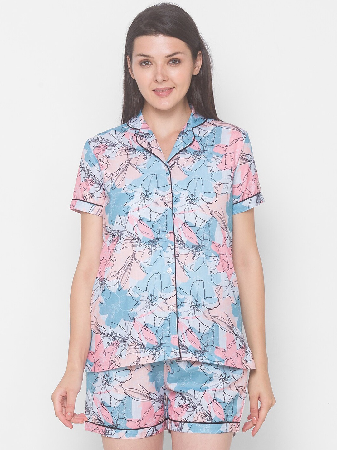 

FashionRack Women Floral Printed Pure Cotton Night Suit, Blue