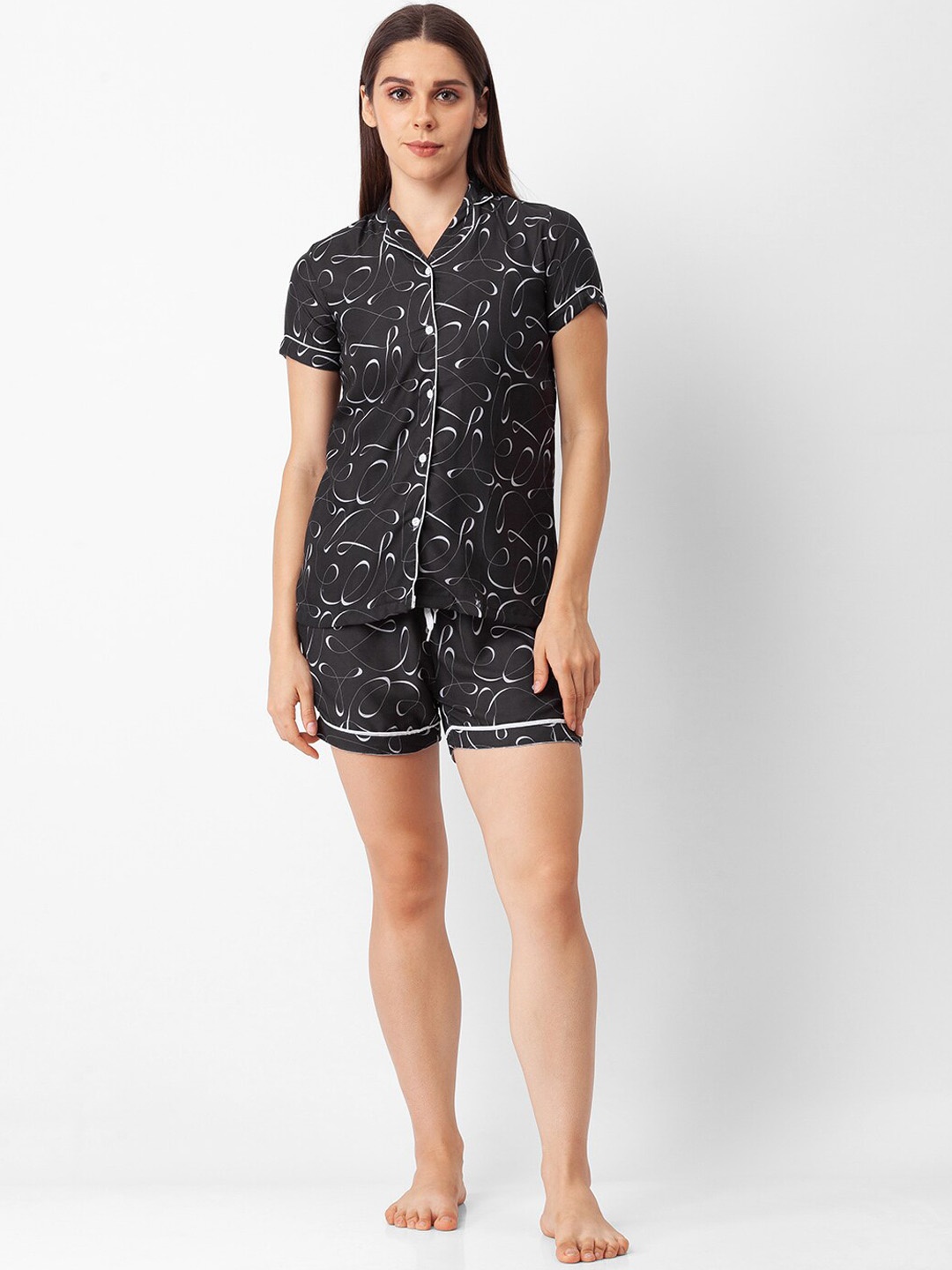 

FashionRack Women Geometric Printed Pure Cotton Night Suit, Black