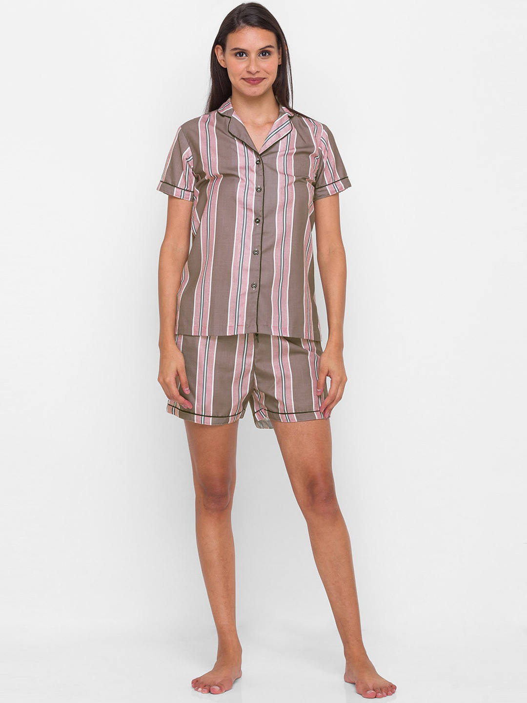 

FashionRack Women Striped Pure Cotton Night Suit, Pink