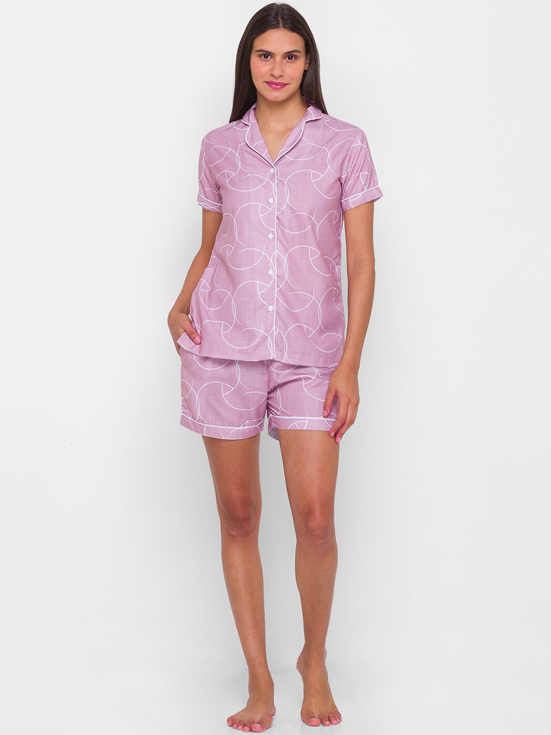 

FashionRack Women Geometric Printed Pure Cotton Night Suit, Pink