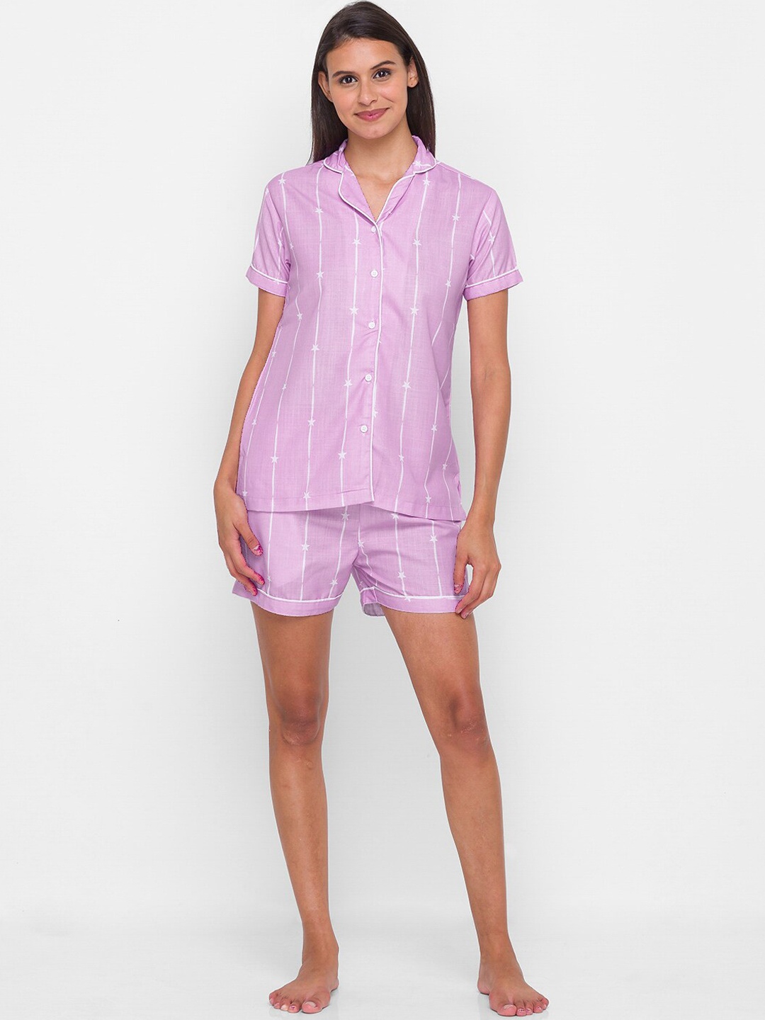 

FashionRack Women Striped Pure Cotton Night Suit, Purple