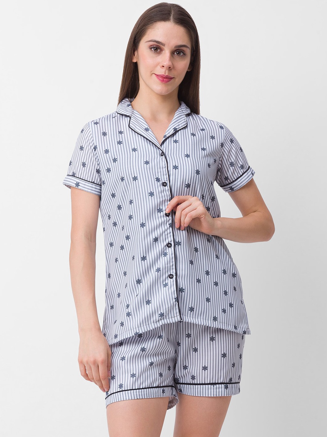

FashionRack Women Striped Pure Cotton Night Suit, Grey