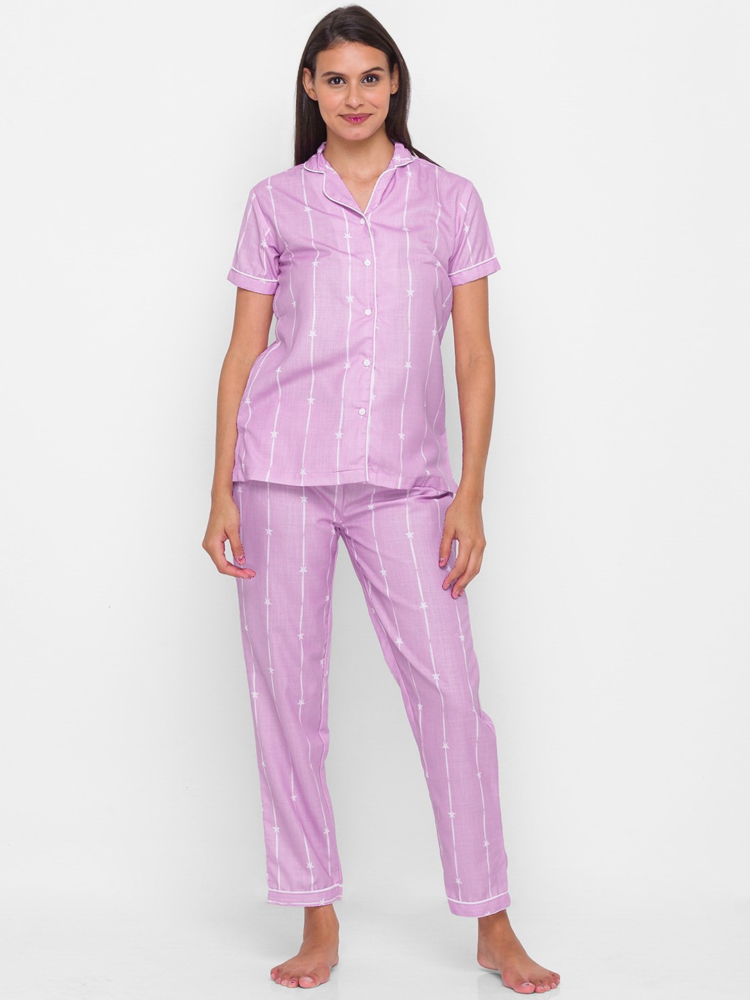 

FashionRack Women Striped Pure Cotton Night Suit, Pink