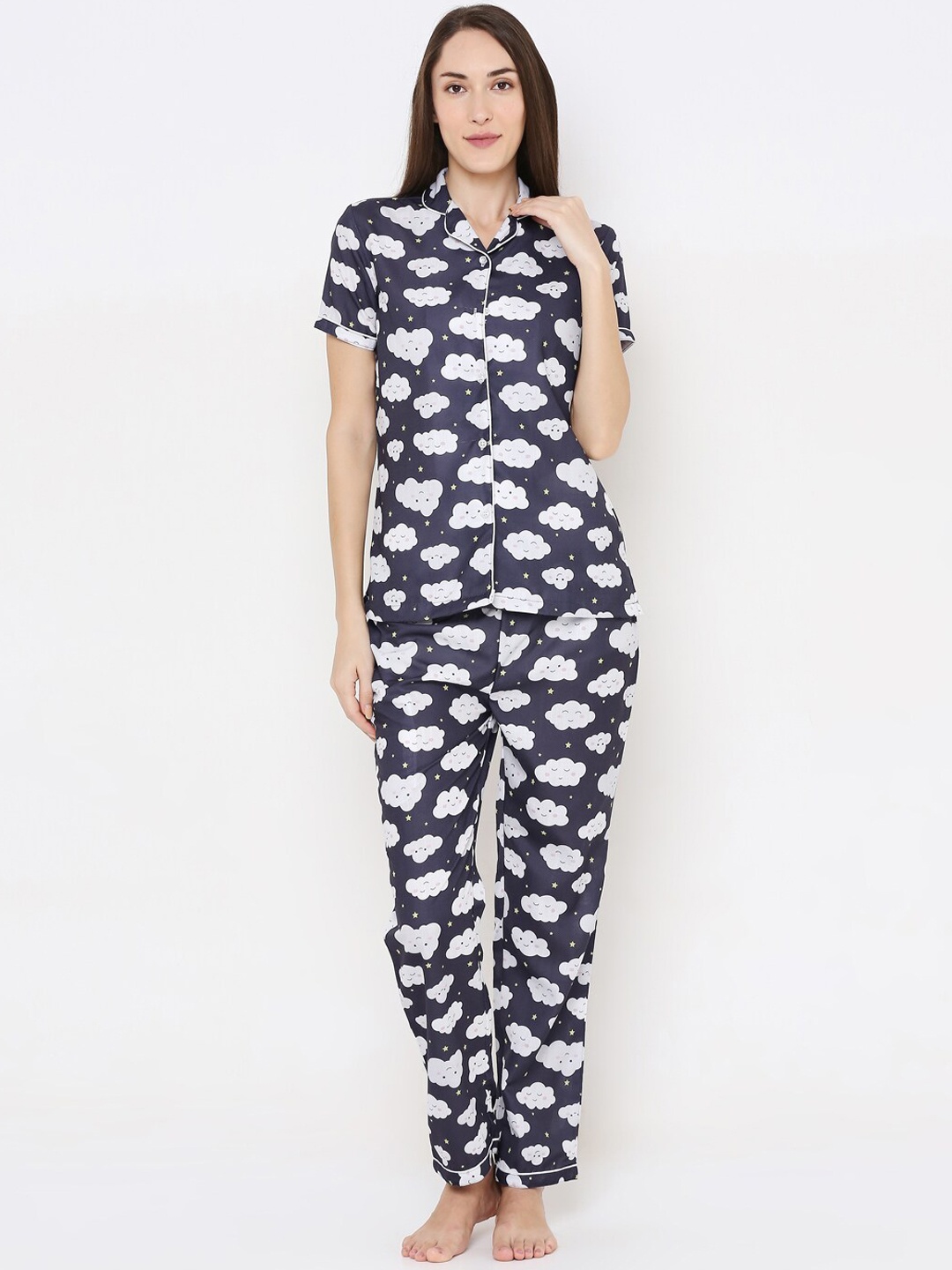 

FashionRack Women Conversational Printed Pure Cotton Night Suit, Navy blue