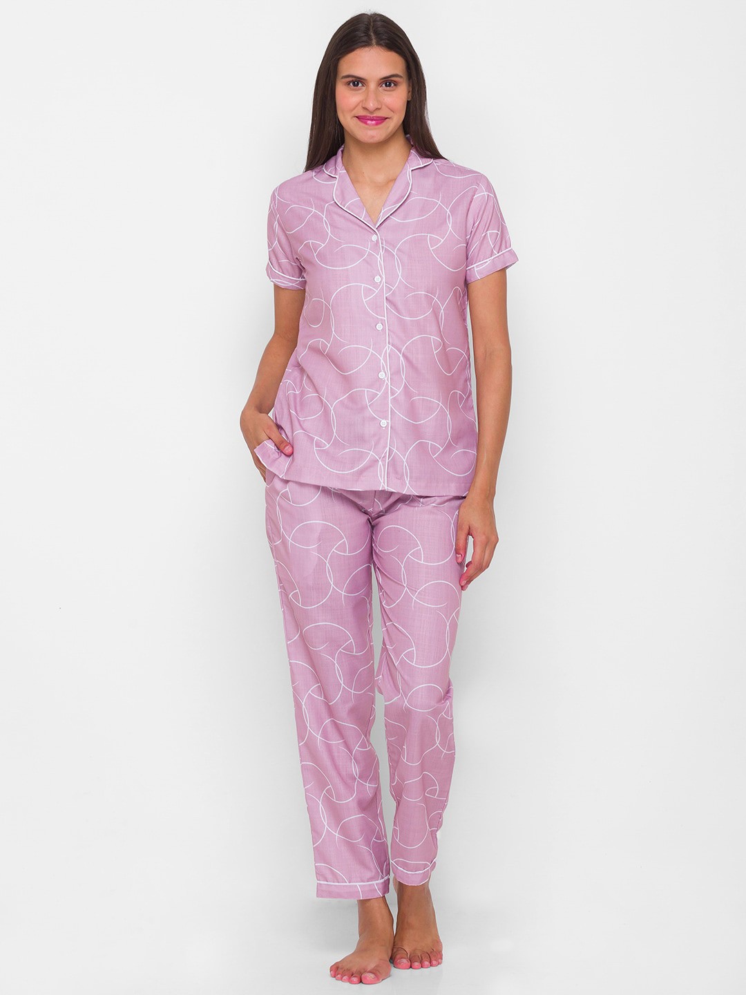

FashionRack Women Geometric Printed Pure Cotton Night Suit, Pink