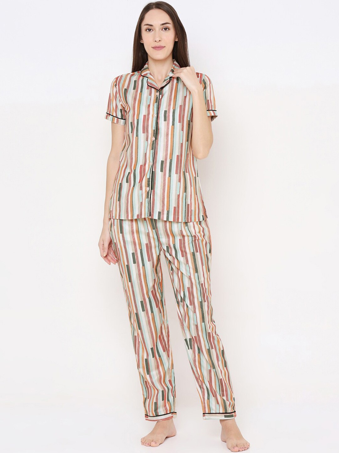 

FashionRack Women Geometric Printed Pure Cotton Night Suit, Brown